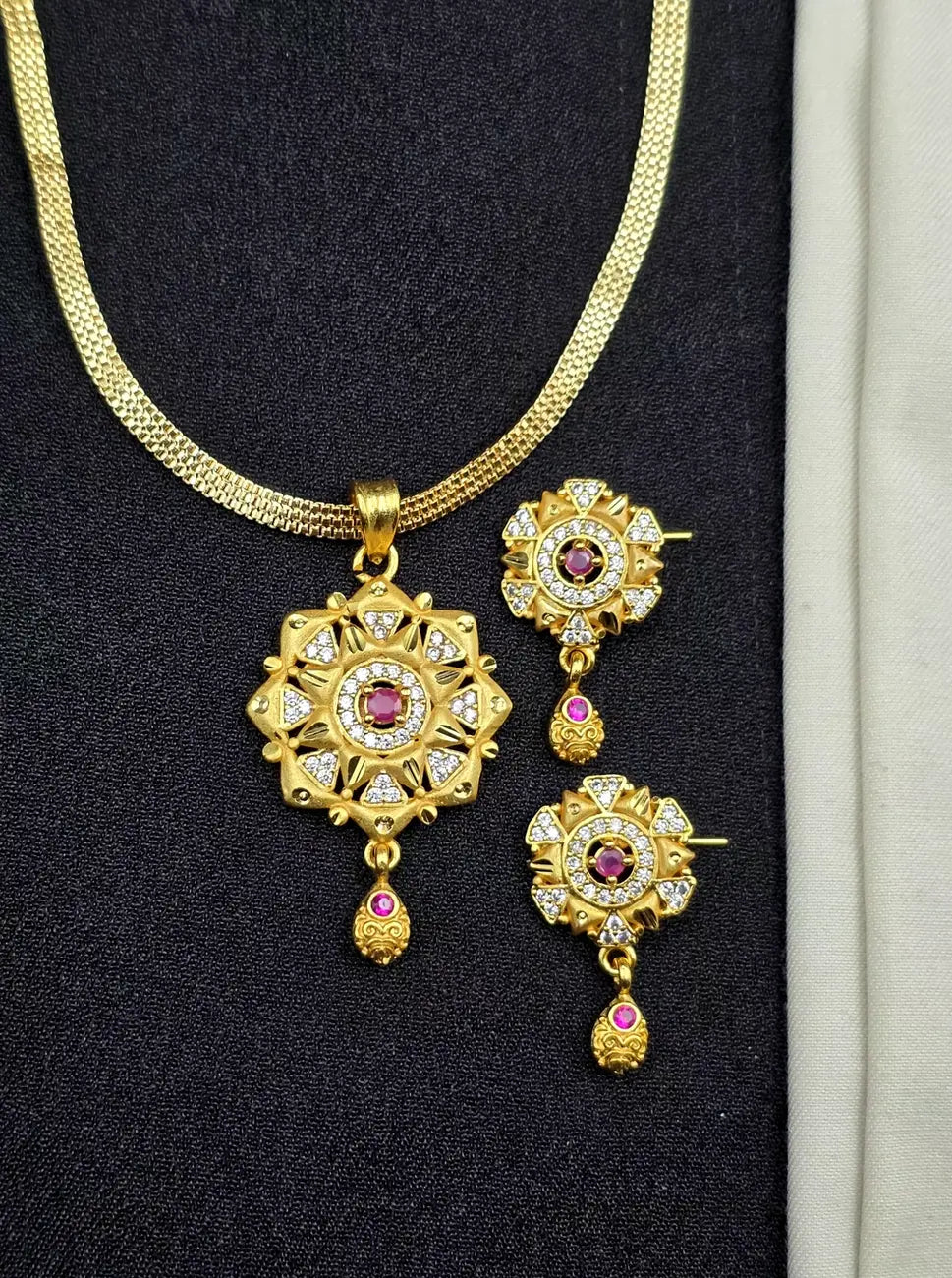 SunFlower Ruby 1 Gram Gold Plated Pendant Set | Visto Jewellery