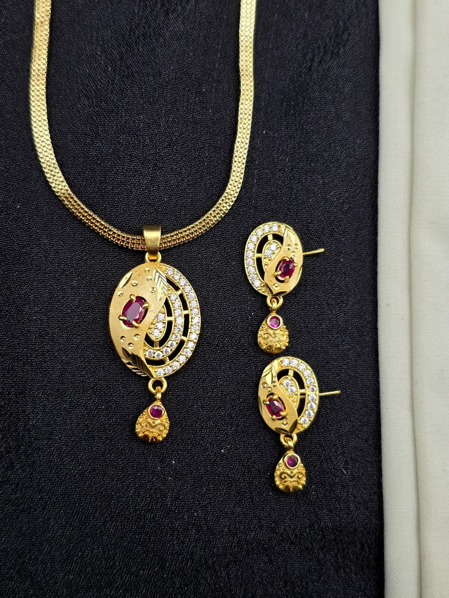 Leaf Design Ruby 1 Gram Gold Plated Pendant Set | Visto Jewellery